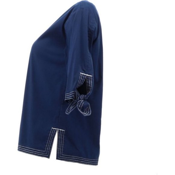 NWT LANDS' END WOMEN'S 3/4 SLEEVE POPLIN TIE SLEEVE SHIRT DEEP SEA NAVY 2P - Picture 3 of 8